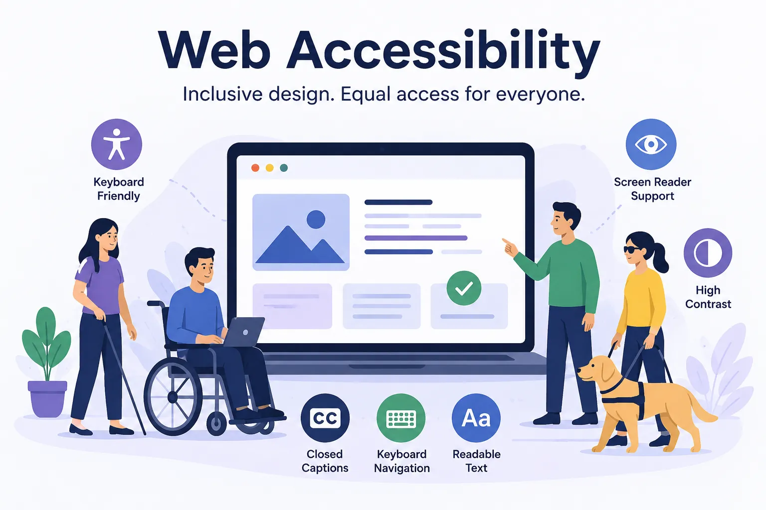 Illustration headed 'Web Accessibility — inclusive design, equal access for everyone'. Four people stand around a large laptop: a woman with a walking cane, a man in a wheelchair using a laptop, a man pointing at the screen, and a woman wearing dark glasses with a guide dog. Badges around them read Keyboard Friendly, Screen Reader Support, High Contrast, Closed Captions, Keyboard Navigation, and Readable Text.